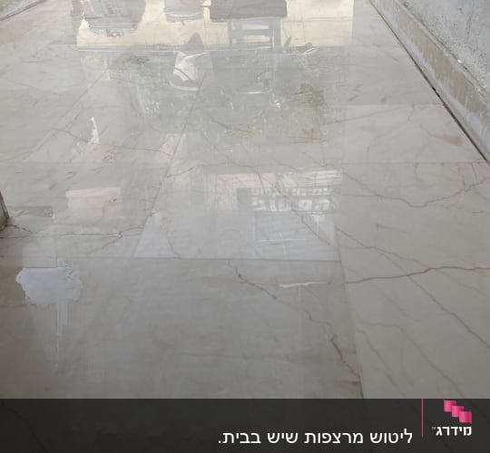 רצפה מבריקה עם דלי וכלי ניקוי ברקע